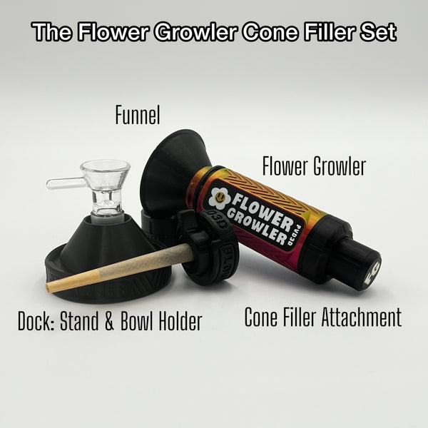 Flower Growler Cone Filler Set all pieces labeled